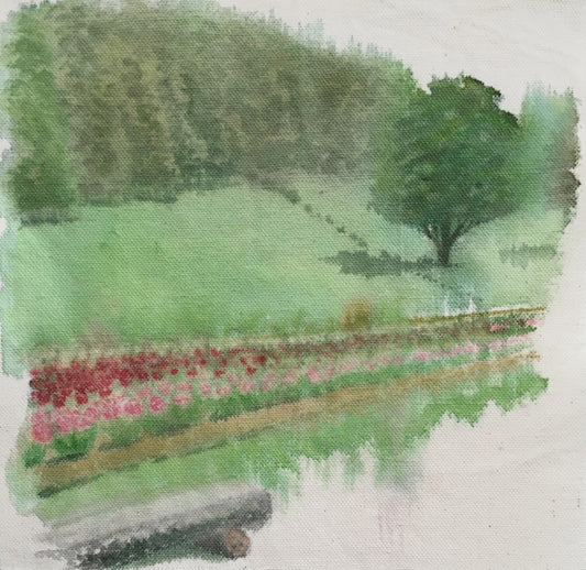 Paeonies in the Landscape, 32cm x 31cm, 2016.
