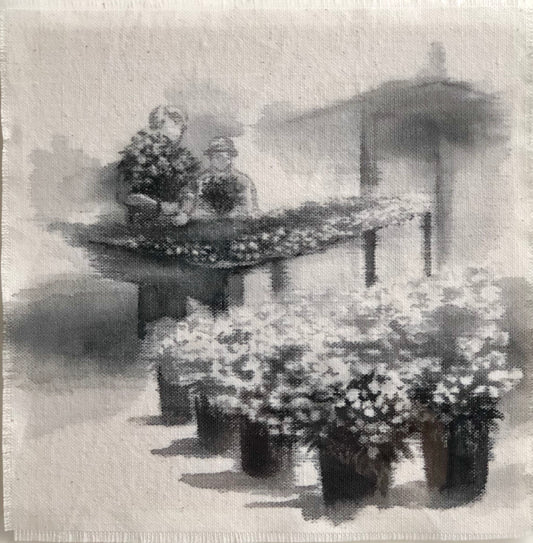 Bunching Paeonies in the Shed, 32cm x 31cm, 2016.