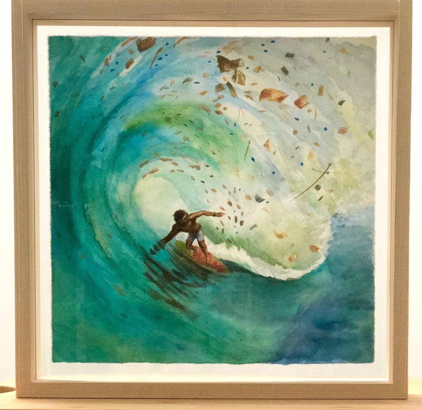 Framed with glass on both sides as the ink painting can be seen in reverse through the rice paper.