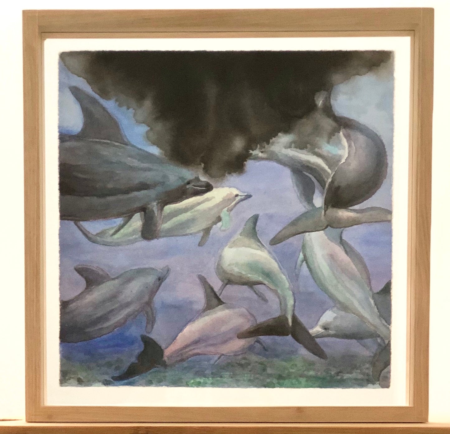 Framed with glass on both sides as the ink painting can be seen in reverse through the rice paper.